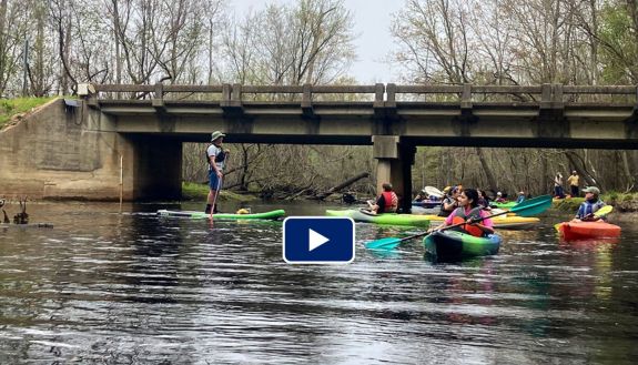 People on canoes on a river