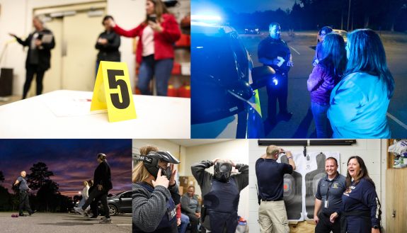 A collage of photos from the Duke Citizens Police Academy includes a mock crime scene, a traffic stop, a DWI test, an active shooter situation and three people standing by a target