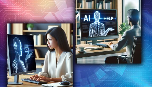 Illustrations of a woman and a man typing on a computer asking it for AI help.