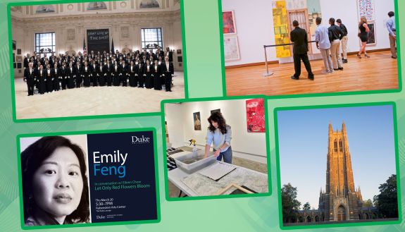 A collage showing five activities available to do in Duke University for free includes a glee club concert, an art walk, a paper making class, a Duke Chapel tour and an author discussion.