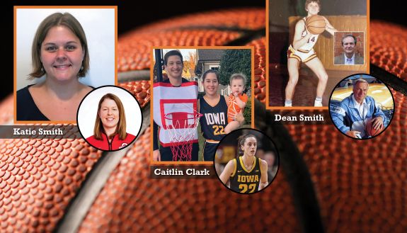 A collage shows basketball players and names Katie Smith, Caitlin Clark and Dean Smith