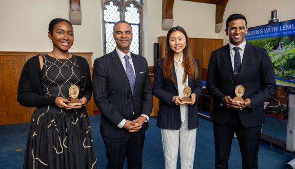 Eni Owoeye, Provost Alec D. Gallimore, Velda Wang and Dr. John Purakal
