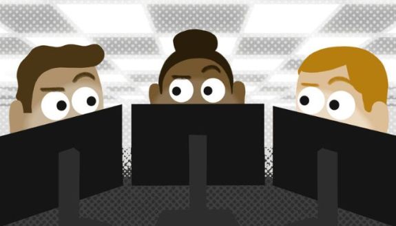 a graphic of people looking at computers looking suspicious