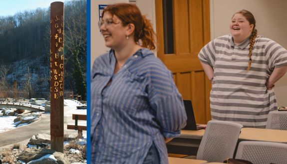 Left: The Cherokee syllabary, from Cherokee, N.C. Right: UNC student Sydney Bauer and Duke student Naomi Goldson read lines in rehearsal for the class’ Cherokee language performance of “The Wizard of Oz.” Photos by Courtney Lewis and Summer Steenberg.