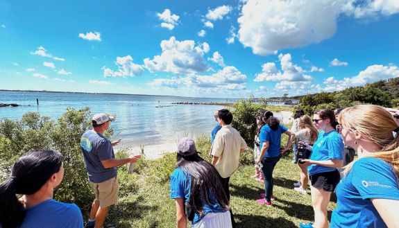 A group of people looking out on the water