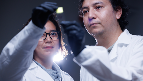 People in lab coats holding up a sample