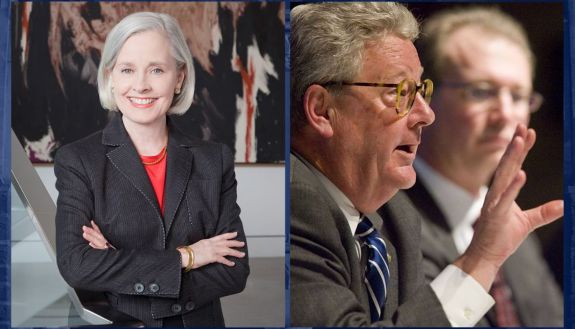 Two photos: a woman on the left posing and smiling and on the right a man talking