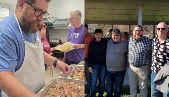 On the left a person is making a meal and on right there is a group shot