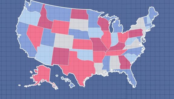 Map of the U.S. showing red states and blue states