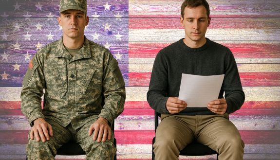 Two men sitting in a chair, one in a military uniform, the other in civilian clothing looking at a resume