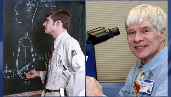 On left Roggli at a chalkboard. On right he is looking into a microscope.
