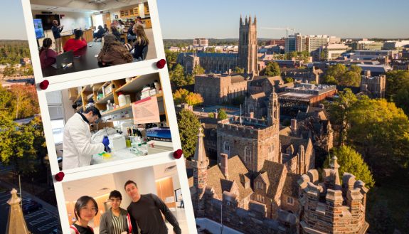 Strip of photos from a classroom, lab, and lobby featuring students and researchers. Overlaid over an aerial of Duke campus