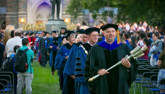 President Vince Price leaves the ceremony following his installation as Duke's 10th president. Photo by Duke Photography