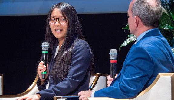 Claire Wang, international climate policy expert, talks with Professor Brian Murray. Photos by Bill Snead.