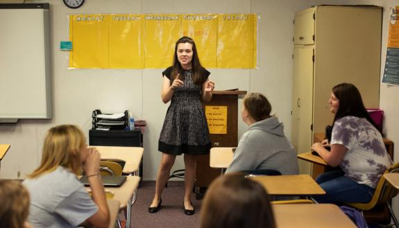 Emily Hadley of the College Advising Corps talking to students at Hobbton High School in Newton Grove, N.C., about what to expect in college. The organization places college advisers in rural high schools. Credit Travis Dove for The New York Times