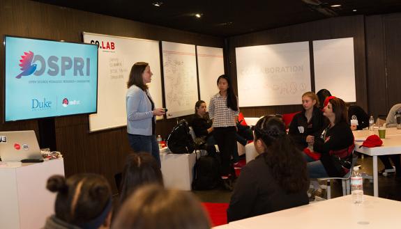 Aria Chernik and OSPRI student Sharon Peng participate in the Red Hat CO.LAB project, which seeks to close the STEM diversity gap and teach middle school girls about the power of collaboration.