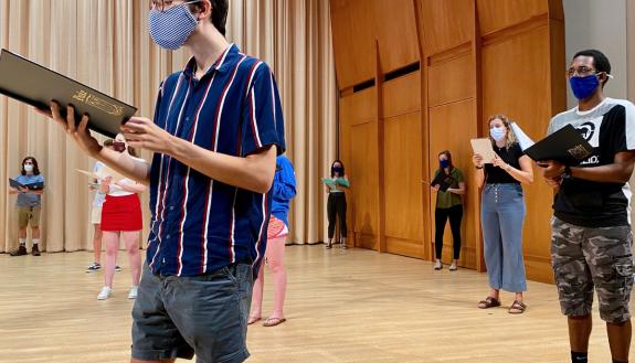 Members of the Duke Chorale practice while observing COVID-19 safety precautions in Baldwin Auditorium. Photo courtesy of Duke University Department of Music.