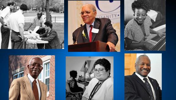 Top row from left, Oliver Harvey, Samuel DuBois Cook and Mary Lou Williams. Bottom row from left, John Hope Franklin, Brenda Armstrong and Phail Wynn.