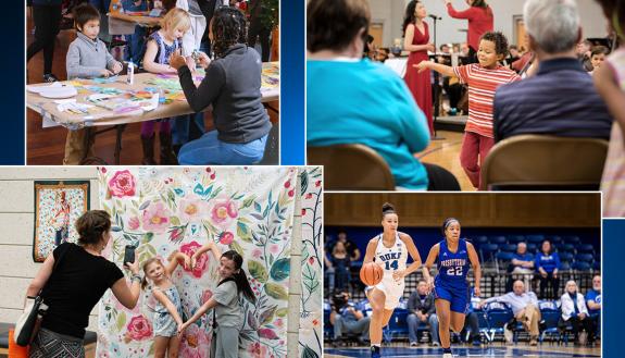 Photos of DUke women's basketball, children listening to music, children enjoying art and the Duke Garden Winter Wonderland Program.