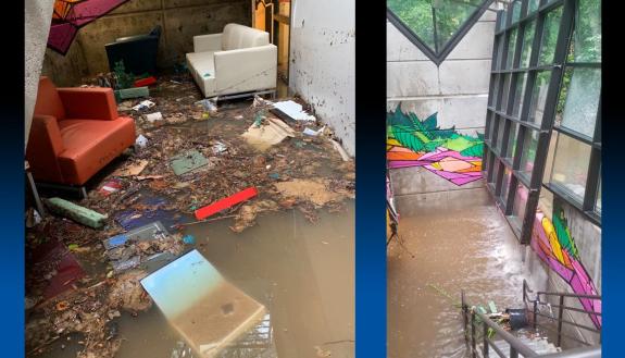 The lower level of the Bryan Center flooded due to heavy rains on Saturday morning. 