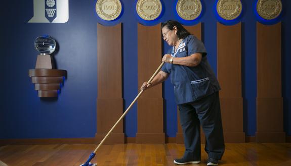 Duke housekeeper Celestina Torres is one of the Duke Facilities Management Department staff members who tend to places the Blue Devils men’s basketball program calls home. Photo by Megan Mendenhall.