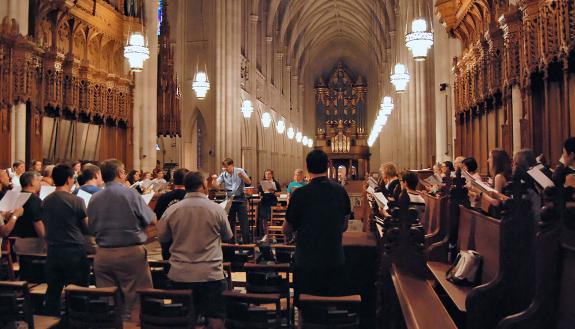 Director of Duke Chapel Music Rodney Wynkoop leads the Duke Chapel Choir through a rehearsal.