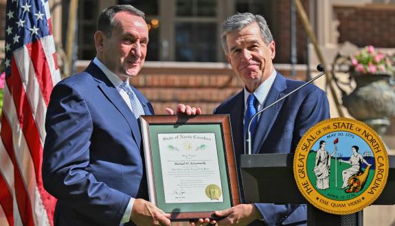 Coach K received the state's highest honor from. Roy Cooper