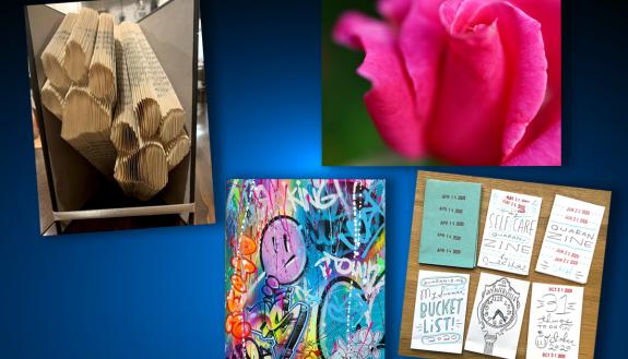 Duke employees have been improving their well-being during the pandemic by creating art. From top left clockwise, art by Anna Johnson, William Hanley, Janelle Hutchinson and Johnny Vega.