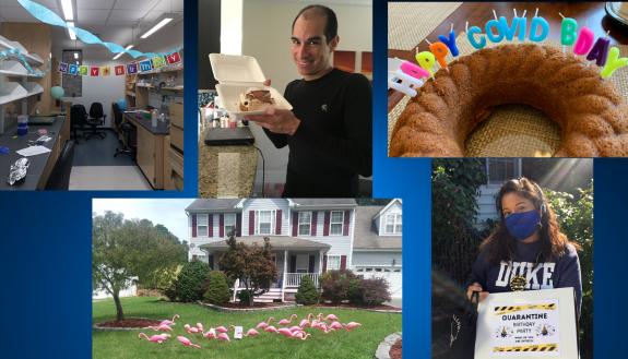 Duke employees have found creative ways to celebrate colleagues birthdays, including decorating workspaces and front yards, sending along sweet treat and other thoughtful gestures.