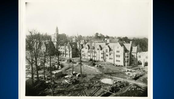 This photo from 1931 shows West Campus under construction. Photo courtesy of Duke University Archives.