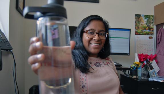 Minoka Gunesekera of the Duke Divinity School shows off her water bottle. Photo by Stephen Schramm.