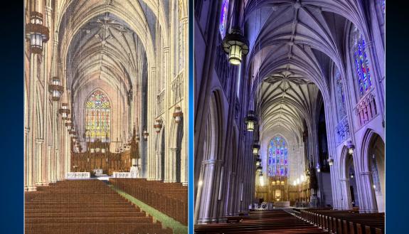 Christina Ryerson found the vintage postcard seen on the left at a flea market and took the photo of Duke University Chapel on the right. Images courtesy of Christina Ryerson.