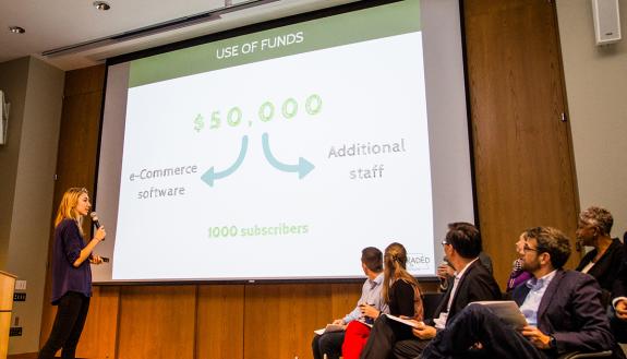 Courtney Bell pitches her idea for Ungraded Produce to the judges in the 2017 Duke Startup Challenge. Photo by Pilar Timpane/Duke I&E