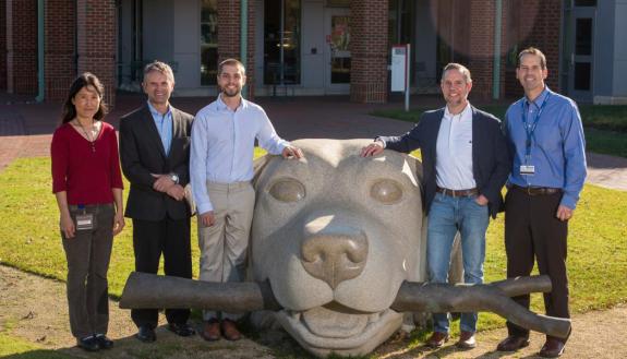 Pictured on the NCSU campus are members of the Duke-NC State team (from left) Joanne Tuohy, Duncan Lacelles, Jason Somarelli, Jonathan Fogle, and Will Eward. Photo by Nathan Latil, NCSU Biomedical Communications
