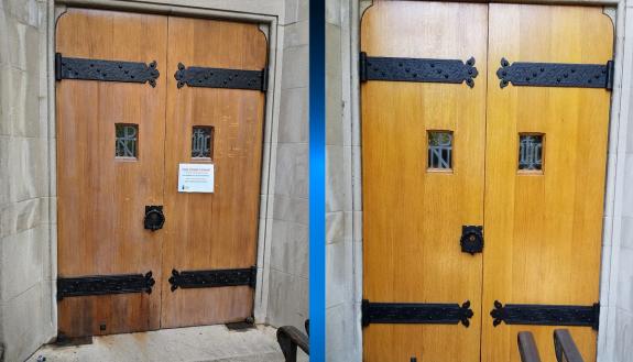 At left, doors of Duke university Chapel before this summer's renovation project. At right, the doors after the work was completed. Photos courtesy of Duke Facilities Management.