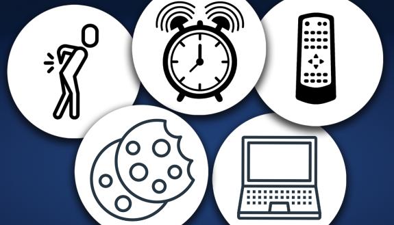 A graphic showing a person with back pain, an alarm clock, a remote control, a laptop and cookies.