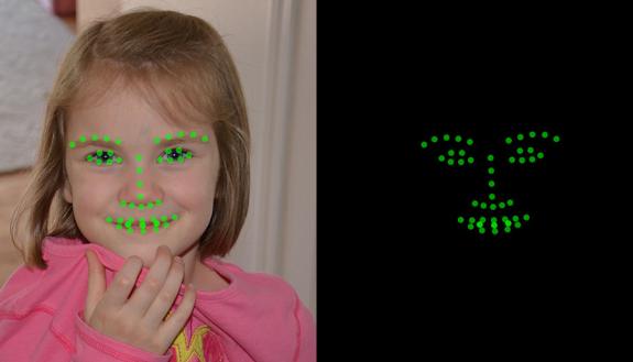 One the left, a picture of the child; on the right, green dots showing the points on the face that the software detects