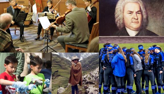 Clockwise from top left: people playing stringed instruments, Johann Sebastien Bach, a softball team, Dennis Hopper, kids playing.