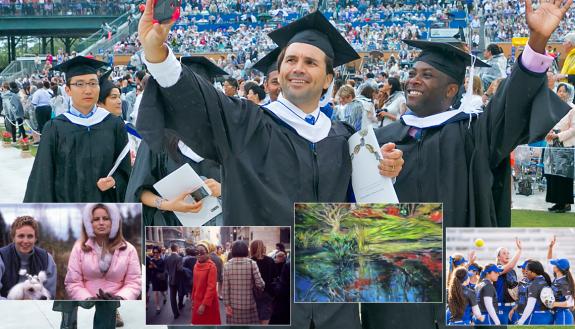 A photo of commencement with photos of movie characters, street scenes, softball and art inside.
