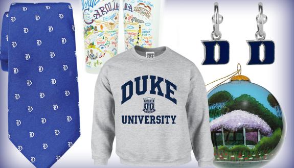 Gifts available from Duke Stores, including a sweatshirt, holiday ornaments, jewelry and ties.