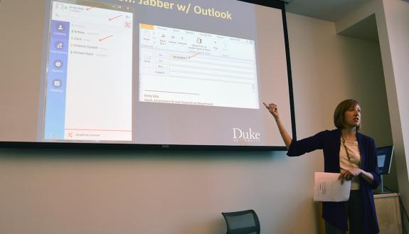 Emily Daly of Duke University Libraries shares WebEx and Jabber tips during a "Learn IT @ Lunch" presentation. 