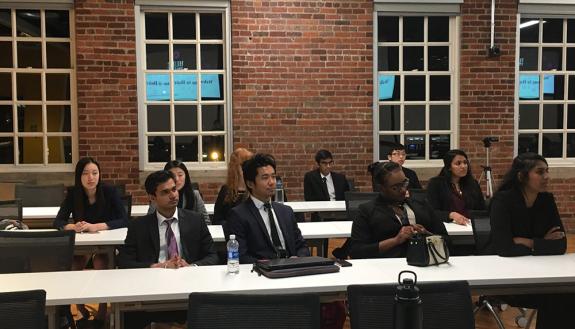 The HaBaby team waits to make their pitch: Shantanu Sharma, Andrew Huang, Adia Coley and Priyanka Vennkanagari. Photo by Katherine Black.