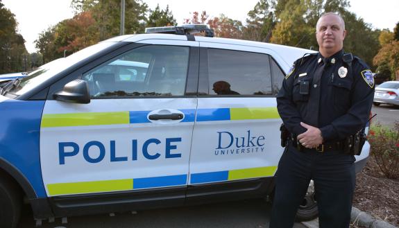 Brown works the night shift– 6 p.m. to 6 a.m. – as a sergeant with the Duke University Police Department.  Photo by Jonathan Black.