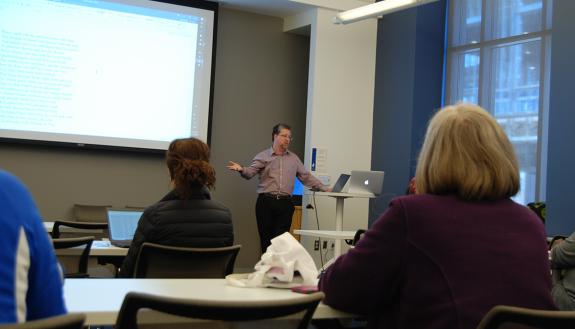 Matt Royal of Duke's Office of Information Technology presents at a recent Learn IT @ Lunch workshop. Photo by Stephen Schramm.