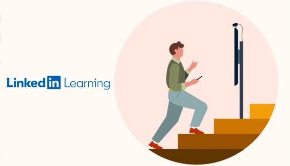 A LinkedIn Learning logo with a person walking up steps.
