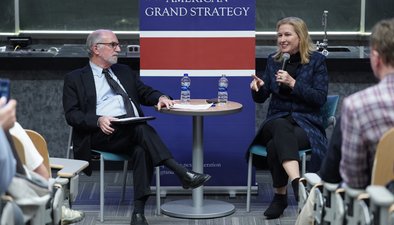 Former Israeli Foreign Minister Tzipi Livni takes questions from Professor Bruce Jentleson during a conversation on the Middle East.