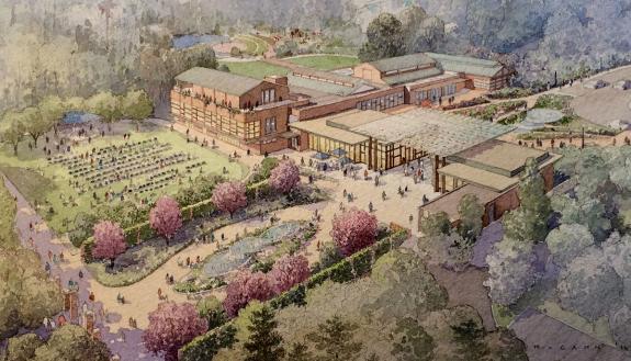 An artist's representation of a new performance lawn and expanded indoor event hall.