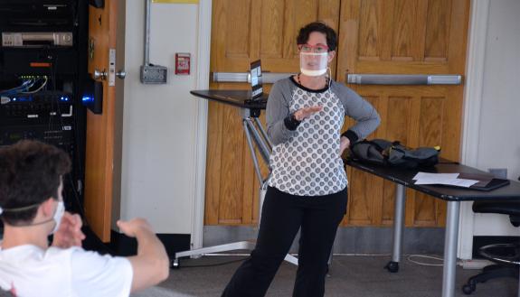 April Henry, lecturing fellow of German Studies, wears a transparent mask in her German 101 course so students can see how she enunciates. Photo by Jonathan Black.