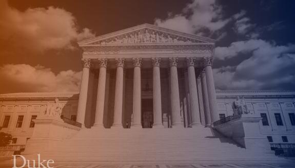 Image of the U.S. Supreme Court building with a blue filter and Duke logo