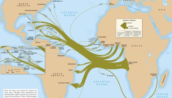 Map of slave-trade voyages across the Atlantic. (Emory Center for Digital Scholarship, Mellon Foundation)